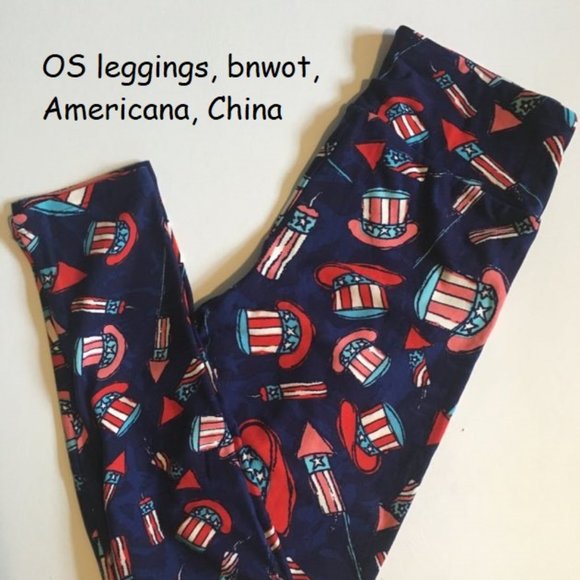 os Lularoe leggings, Americana, blue with patriotic hats and rockets - Picture 1 of 2